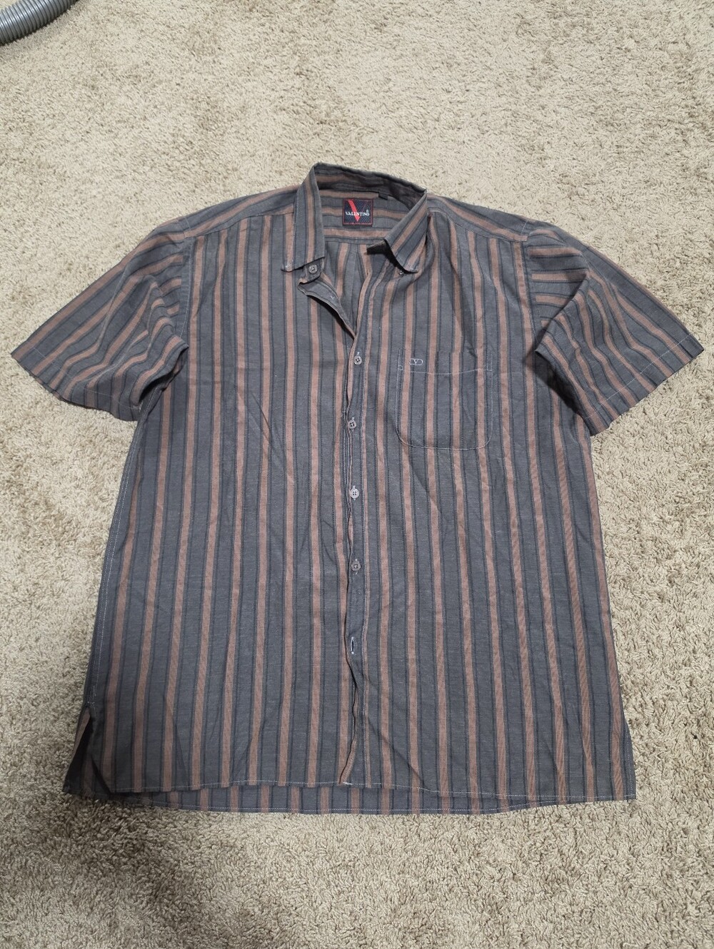 Valentino Short Sleeve Button-Down Shirt in Brown and Gray Stripes